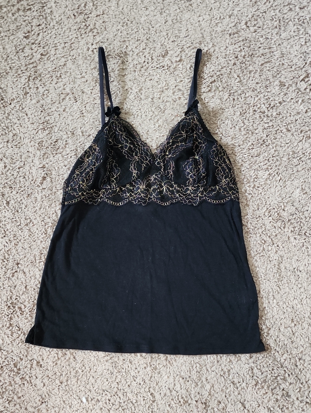 aerie Black Lace-Trim Cami with Gold Embroidery